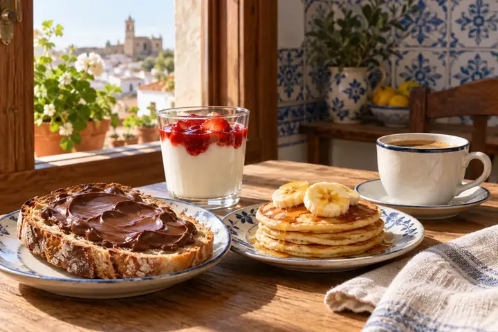 Mesa de desayuno junto a la ventana con tostada de crema de cacao, tortitas de plátano, yogur con mermelada y café