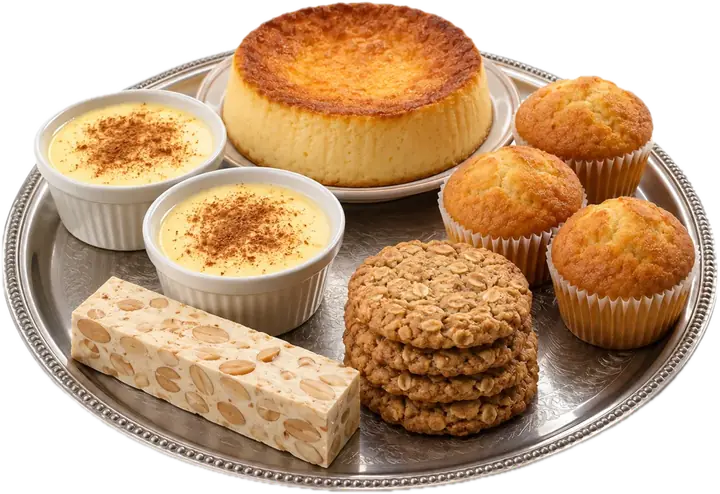 Bandeja de pastelería con flan, natillas con canela, magdalenas, galletas de avena y turrón
