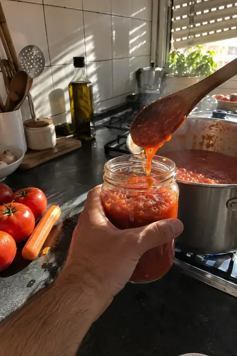 Mano de hombre llenando un tarro de cristal con tomate frito casero recién hecho junto a la cazuela