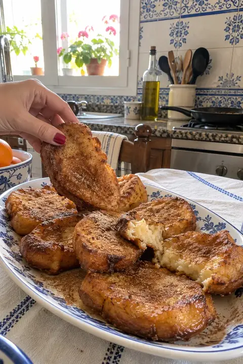 Fuente de torrijas doradas con canela en una cocina andaluza, una mano levantando una