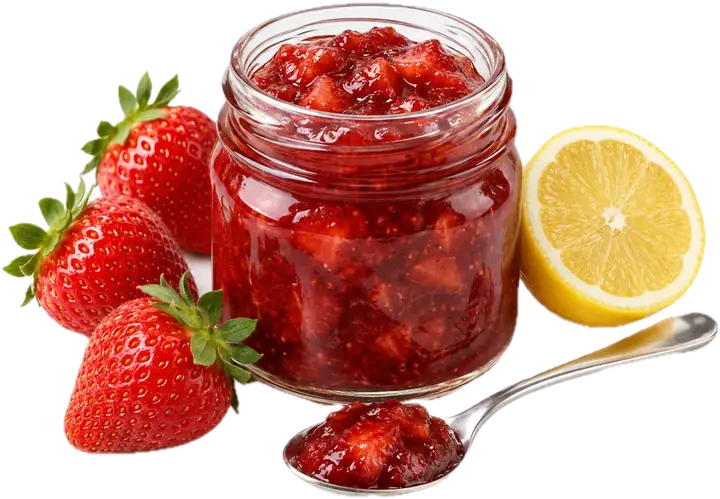 Tarro de mermelada de fresa casera con fresas y medio limón