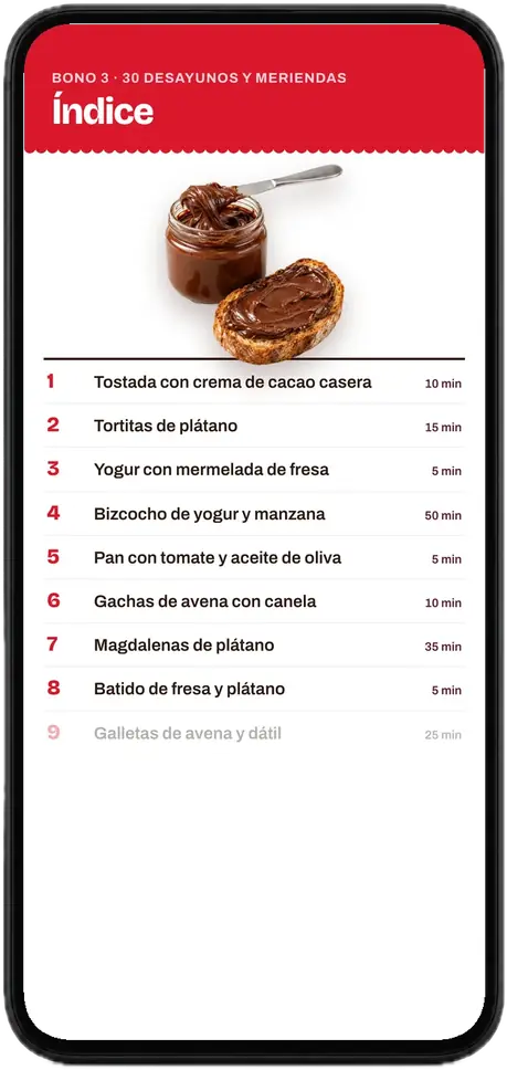 Índice de los 30 desayunos y meriendas sin azúcar, abierto en un móvil