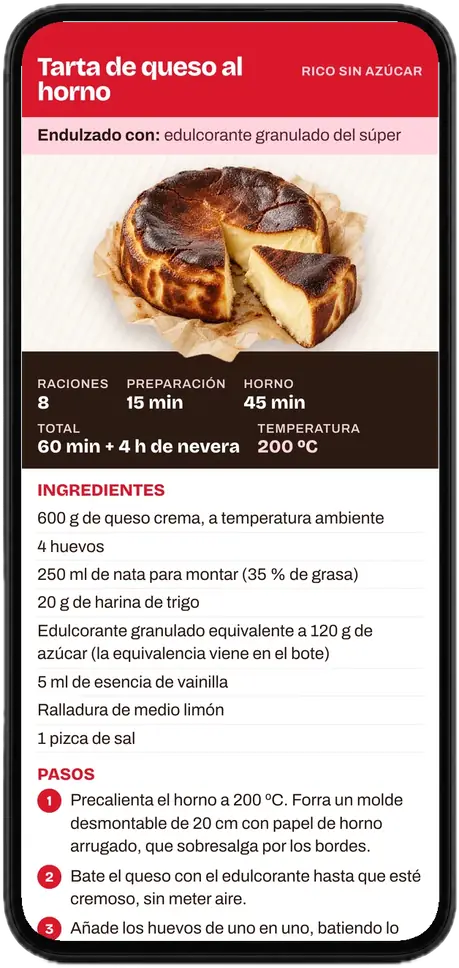 Página de la receta de tarta de queso al horno del recetario, abierta en un móvil