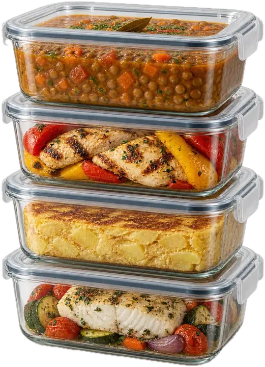 Cuatro tápers de cristal con lentejas, pollo con pimientos, tortilla de patatas y pescado al horno