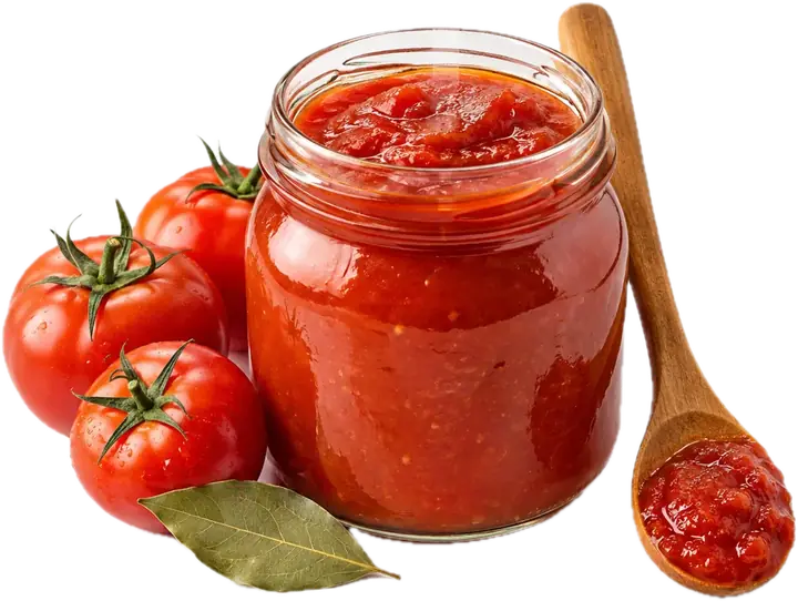 Tarro de tomate frito casero con cuchara de madera y tomates maduros