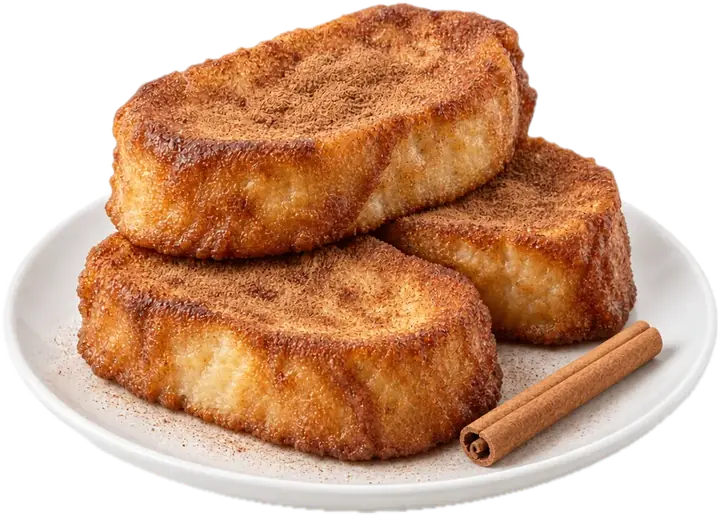 Tres torrijas doradas con canela en un plato blanco