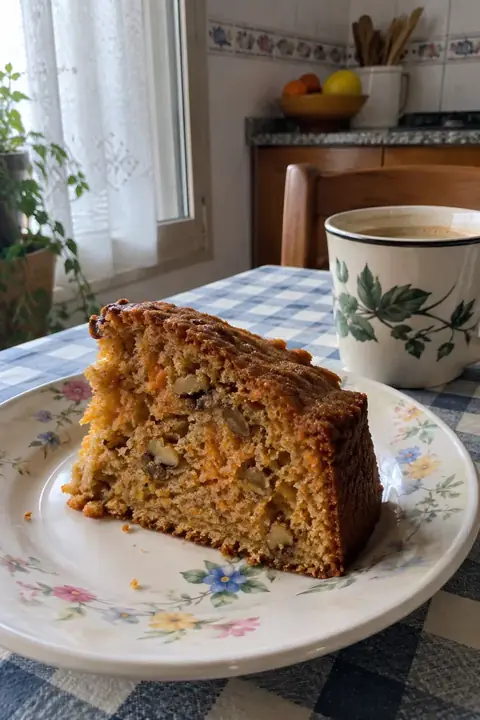 Porción de bizcocho de zanahoria casero en un plato de flores junto a un café con leche